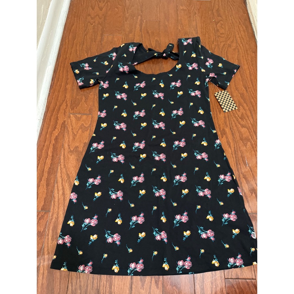 Vans Womens Floral Tie Back Cutout Short Sleeve T-Shirt Dress Black‎ Small NWT
